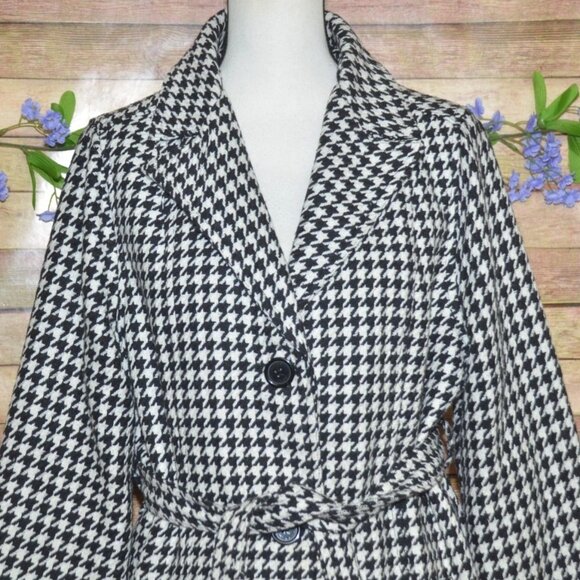 Jou Jou Womens 1X Belted Houndstooth Black & White Pea Coat Jacket Warm Stylish - Picture 2 of 13